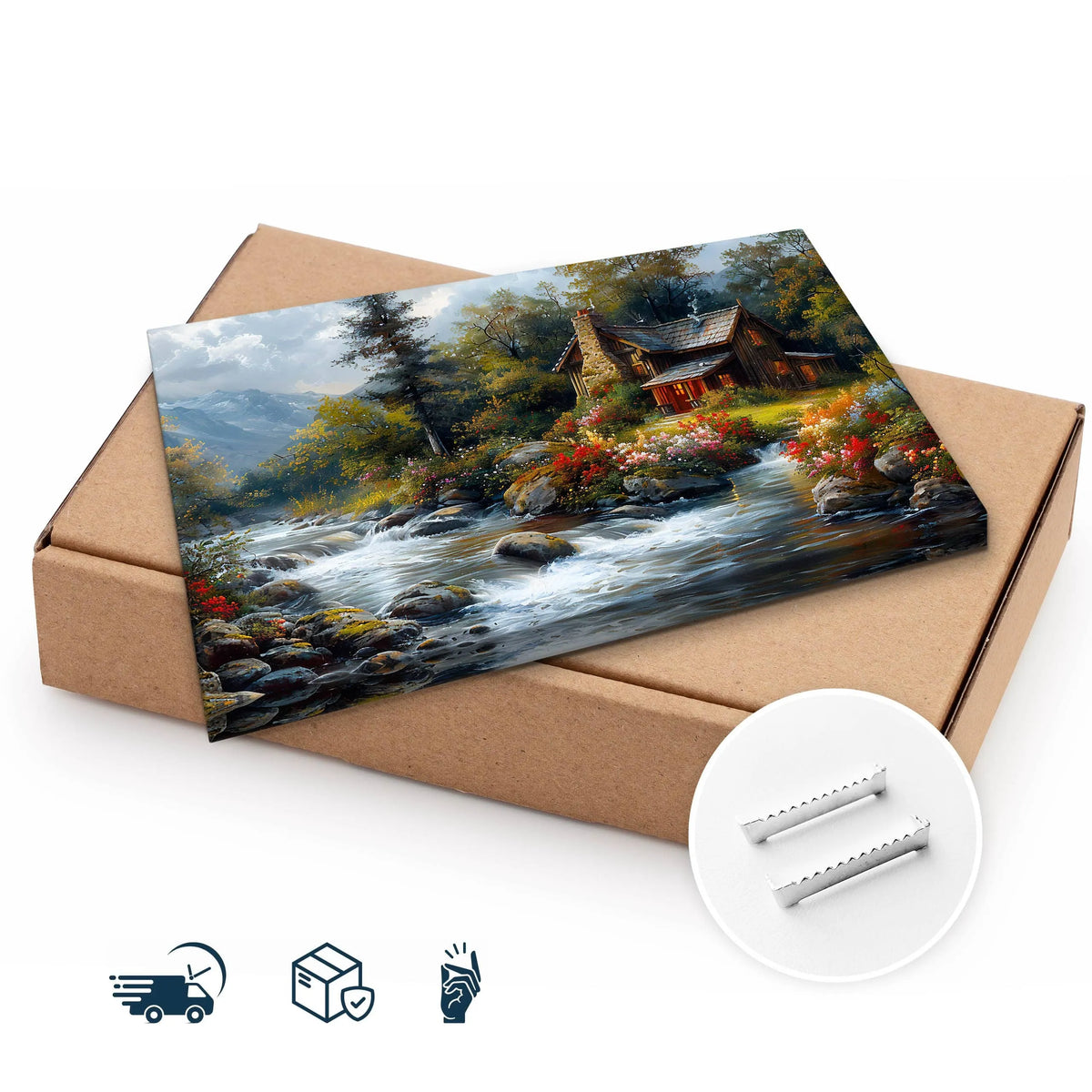 Paveikslas svetainei ir valgomajam „Kalnų trobelė, kalnai, gėlės, kraštovaizdis, gamta“, 120 × 80 cm