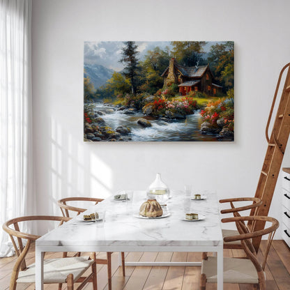 Paveikslas svetainei ir valgomajam „Kalnų trobelė, kalnai, gėlės, kraštovaizdis, gamta“, 120 × 80 cm