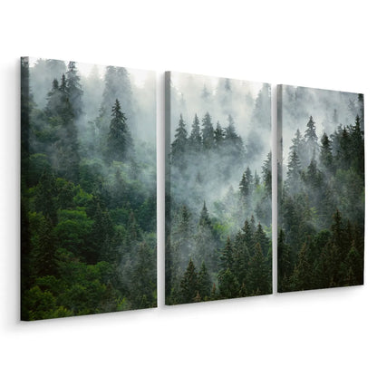 Paveikslų rinkinys svetainei „Miškas rūke“ – gamtos peizažas ant sienos, triptikas 120 × 80 cm