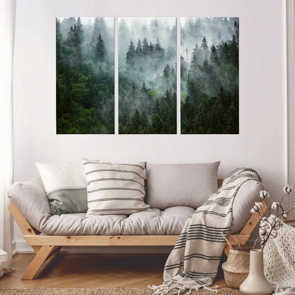 Paveikslų rinkinys svetainei „Miškas rūke“ – gamtos peizažas ant sienos, triptikas 120 × 80 cm