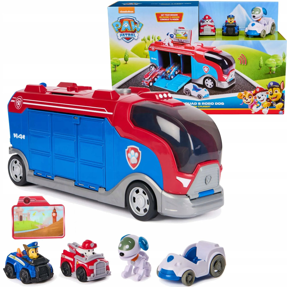 „PAW Patrol“ transporteris su transporto priemonėmis, 38 cm, su garsais ir figūrėlėmis