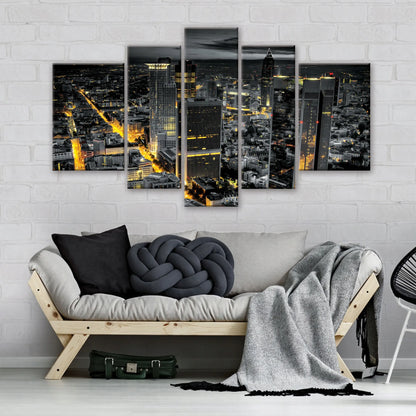 Penkių dalių paveikslas ant drobės „Miestas naktį“ svetainei ir miegamajam, 170 × 100 cm