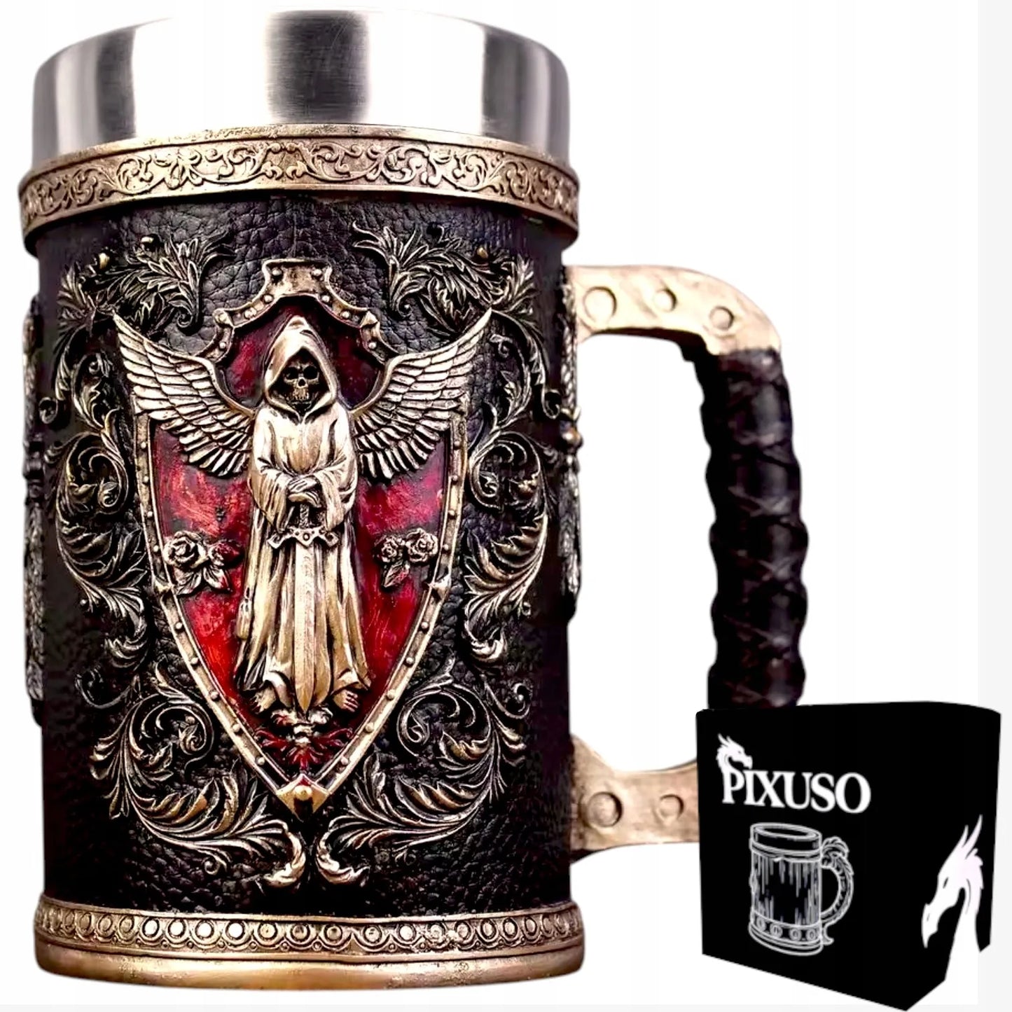 PIXUSO alaus bokalas 500 ml, gotikinis stilius, kaukolės motyvas, dovana vyrui
