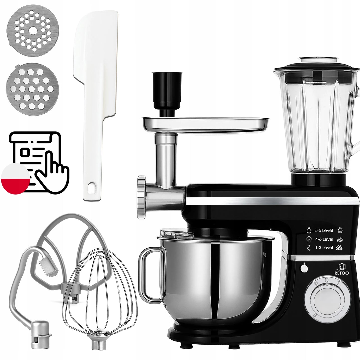 Planetinis virtuvės robotas RETOO CookMaster 5in1, 3200W, su dubeniu, trintuvu ir mėsos malūnėliu