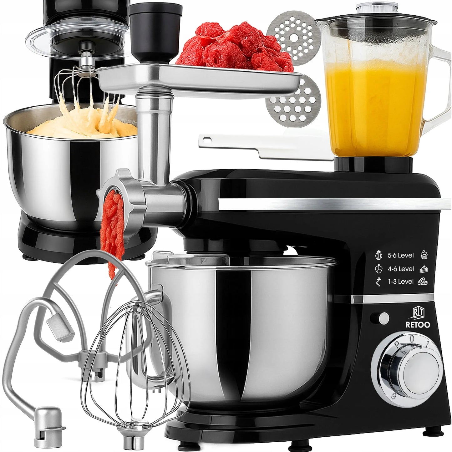 Planetinis virtuvės robotas RETOO CookMaster 5in1, 3200W, su dubeniu, trintuvu ir mėsos malūnėliu
