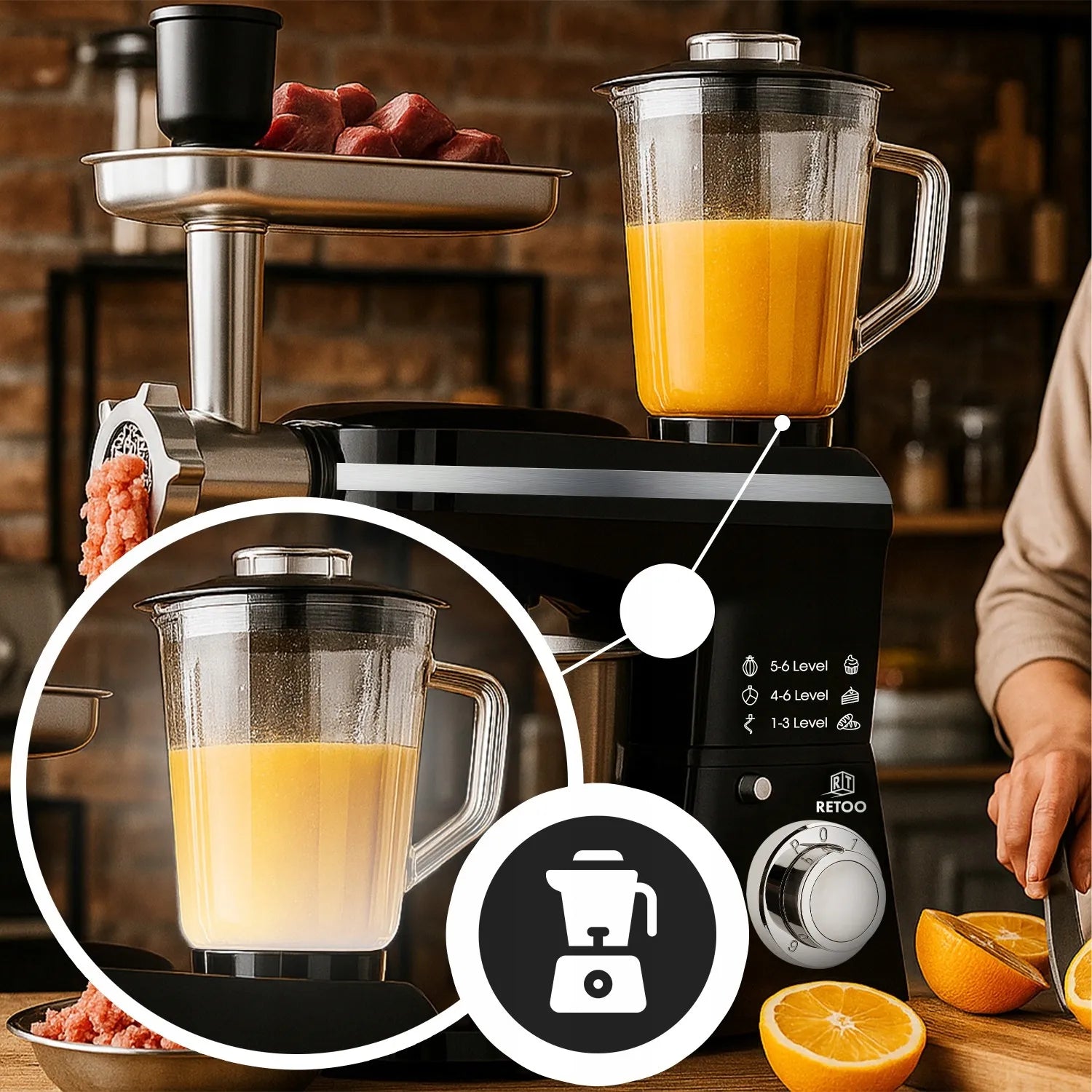Planetinis virtuvės robotas RETOO CookMaster 5in1, 3200W, su dubeniu, trintuvu ir mėsos malūnėliu
