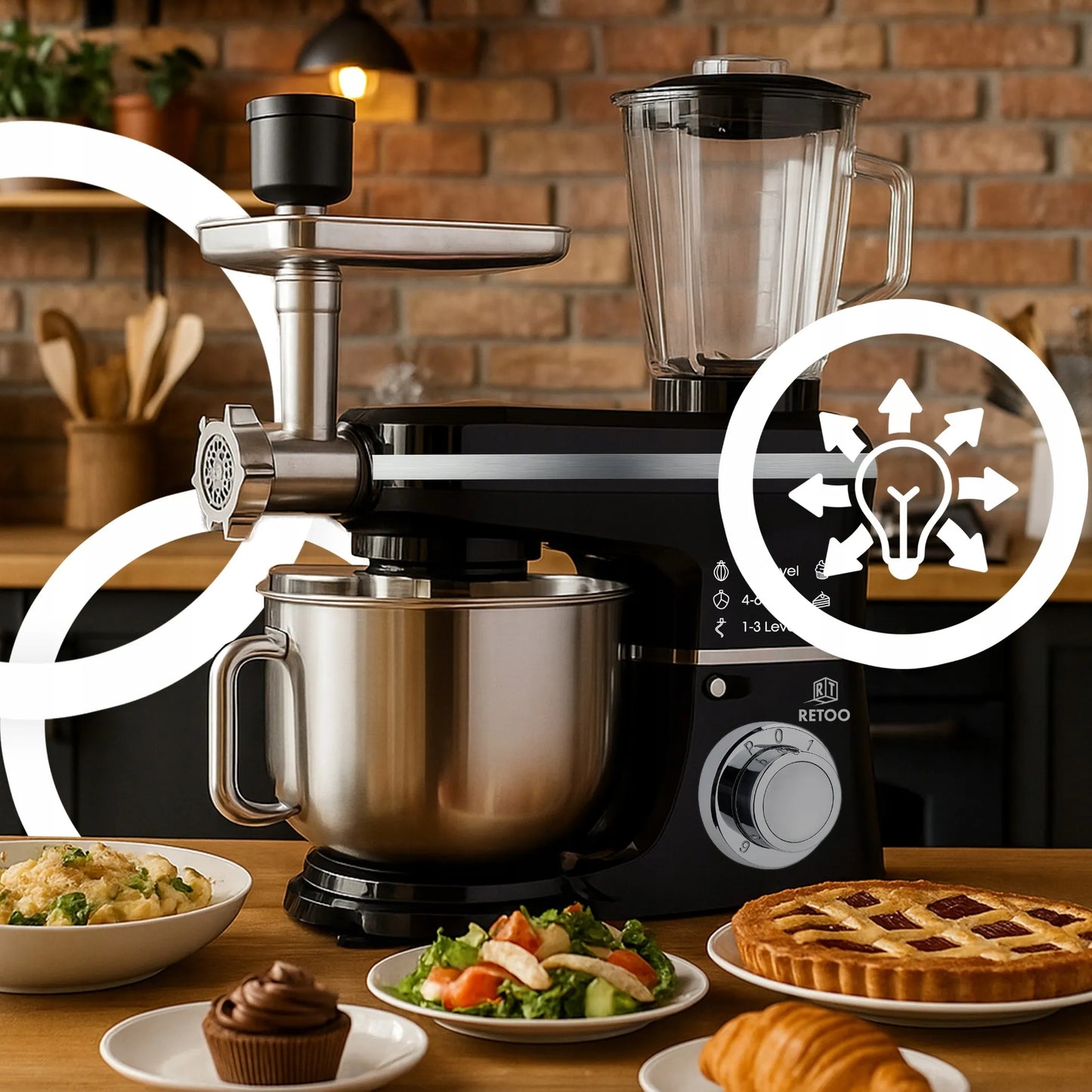 Planetinis virtuvės robotas RETOO CookMaster 5in1, 3200W, su dubeniu, trintuvu ir mėsos malūnėliu