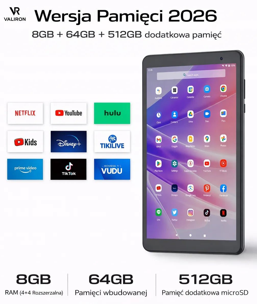 Planšetė VALIRON Tab 8 LTE Android 14 4GB RAM 64GB + 512GB IPS GPS Wifi