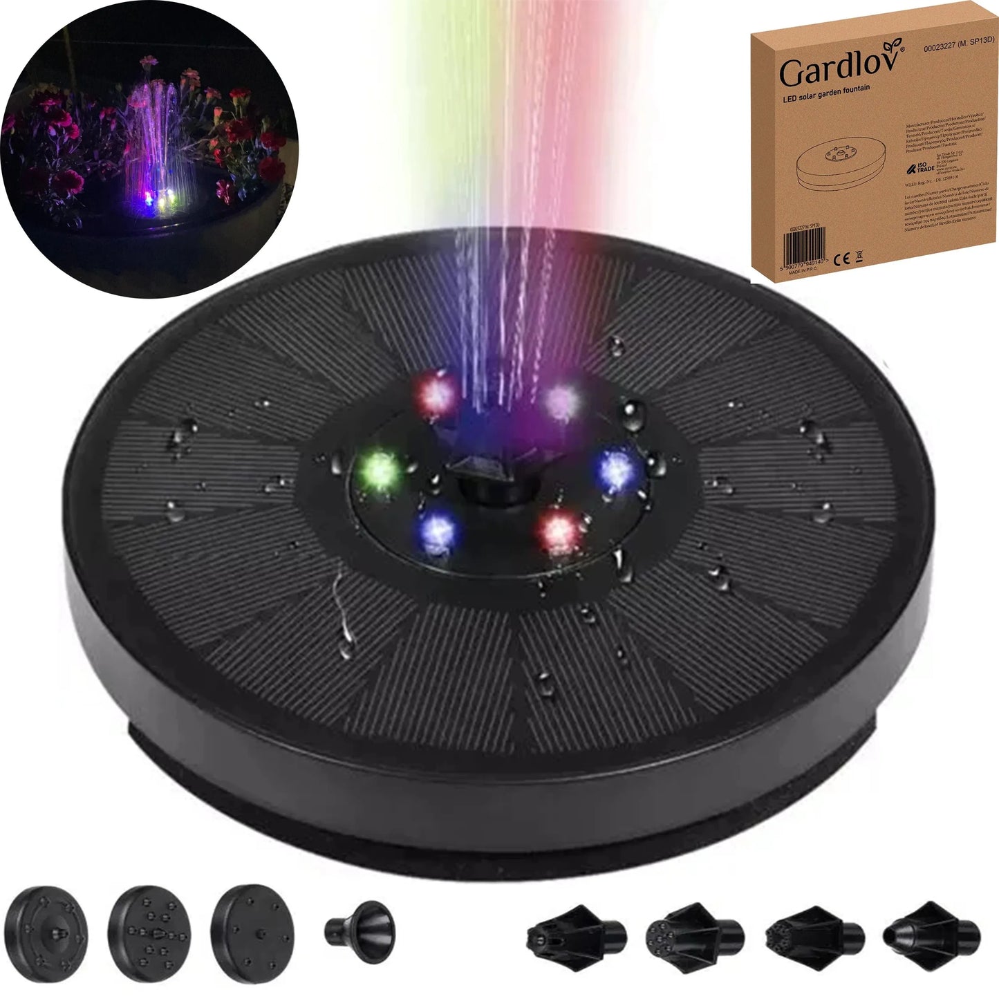 Plūduriuojantis saulės energijos sodo fontanas LED RGB 3W, 180 l/h tvenkiniams