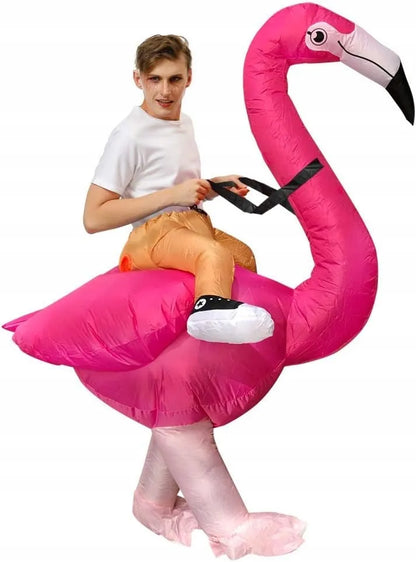 Pripučiamas flamingas kostiumas persirengimui flamingas raitelis suaugusiems