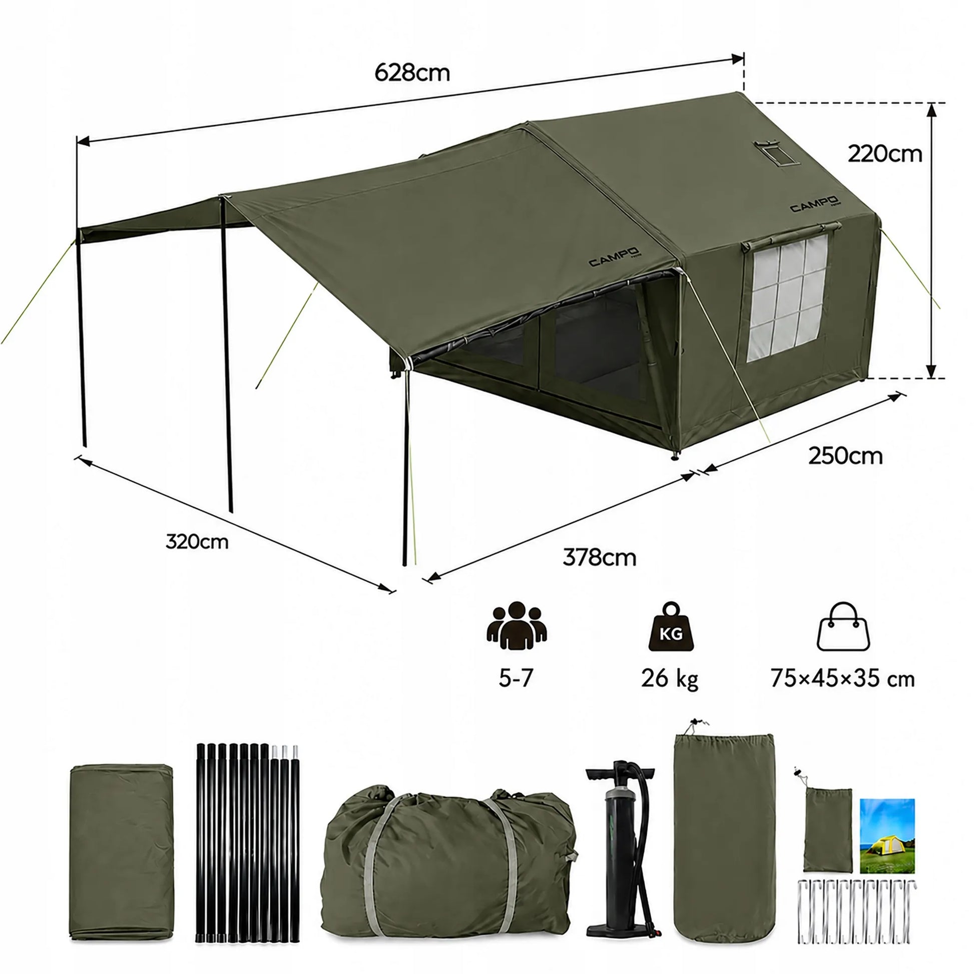 Pripučiamas kempingo ir glampingo palapinė 5–7 asmenims su dideliu prieangiu, Oxford 420D