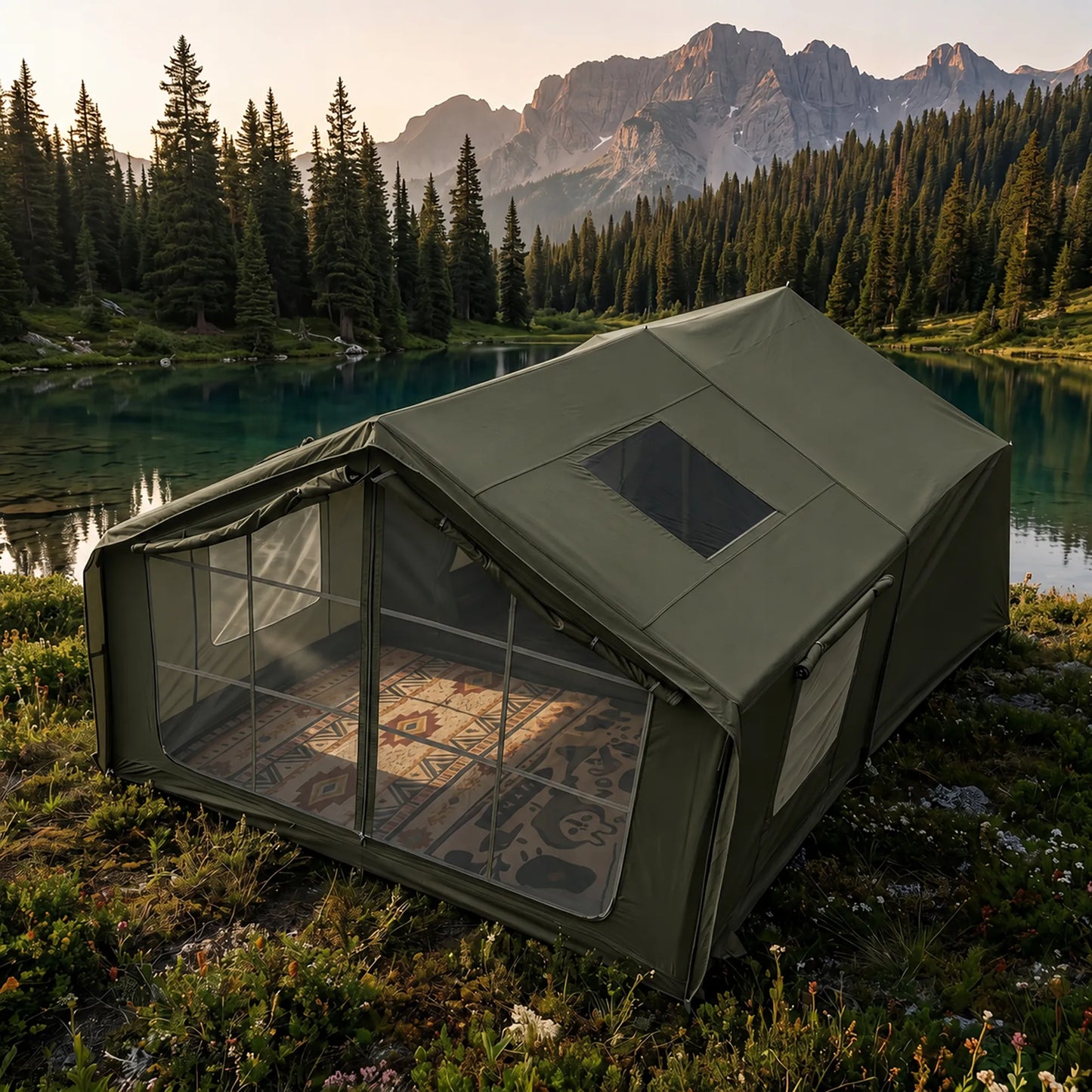 Pripučiamas kempingo ir glampingo palapinė 5–7 asmenims su dideliu prieangiu, Oxford 420D