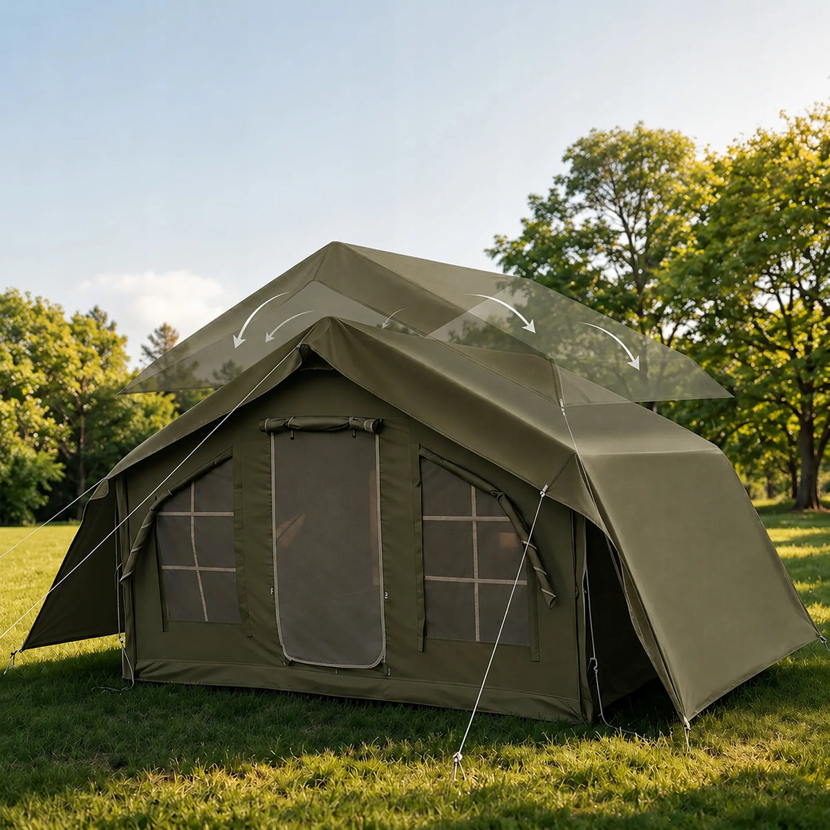 Pripučiamas kempingo ir glampingo palapinė 5–7 asmenims su dideliu prieangiu, Oxford 420D