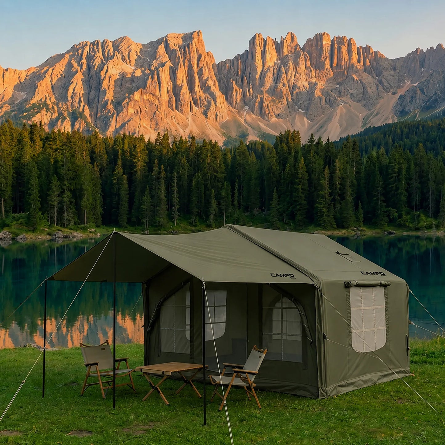 Pripučiamas kempingo ir glampingo palapinė 5–7 asmenims su dideliu prieangiu, Oxford 420D