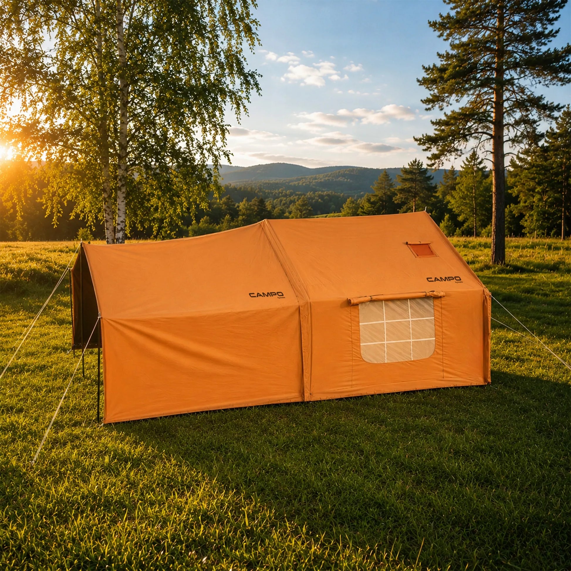 Pripučiamas kempingo ir glampingo palapinių namelis 5-7 asmenims su dideliu priebučiu Oxford 420D