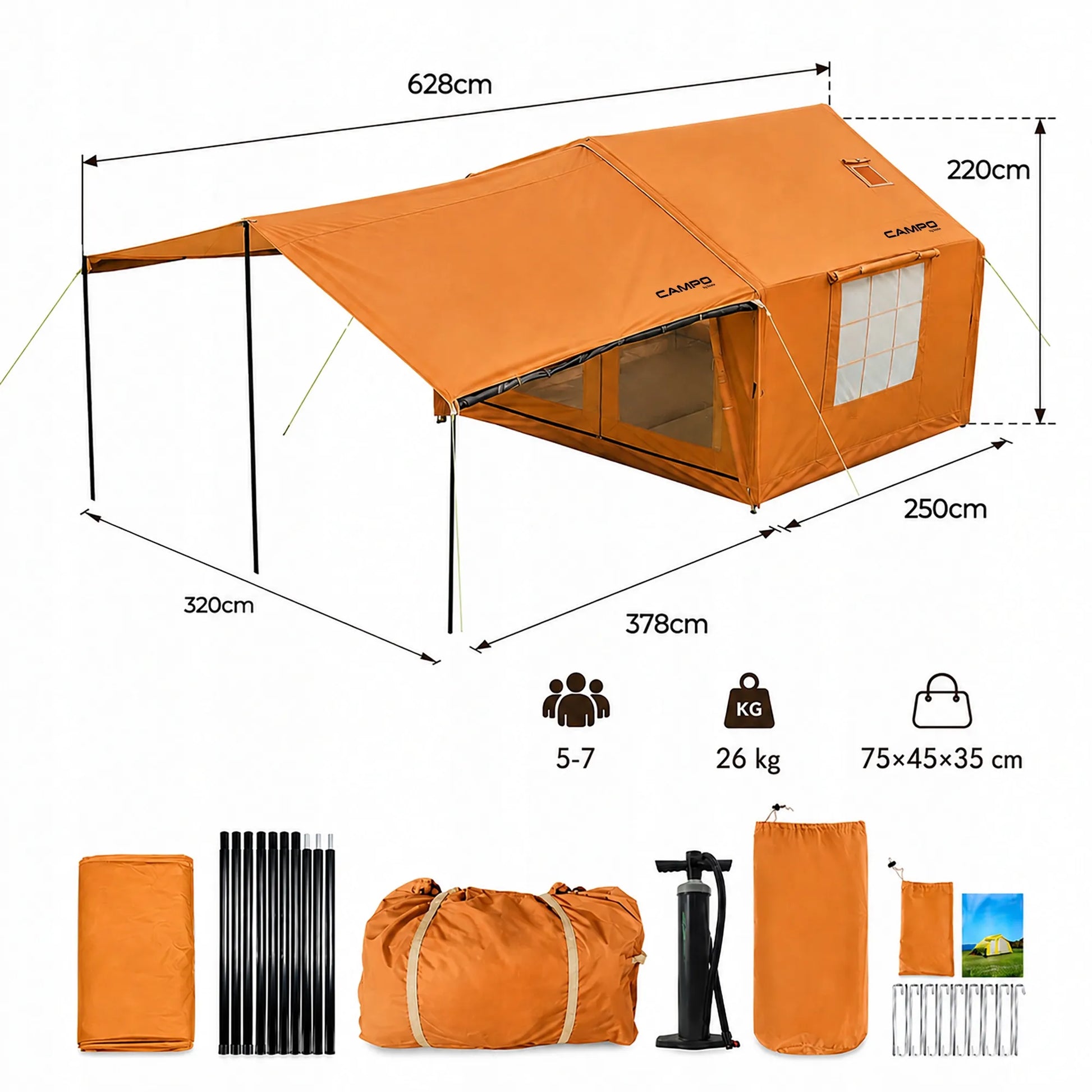 Pripučiamas kempingo ir glampingo palapinių namelis 5-7 asmenims su dideliu priebučiu Oxford 420D