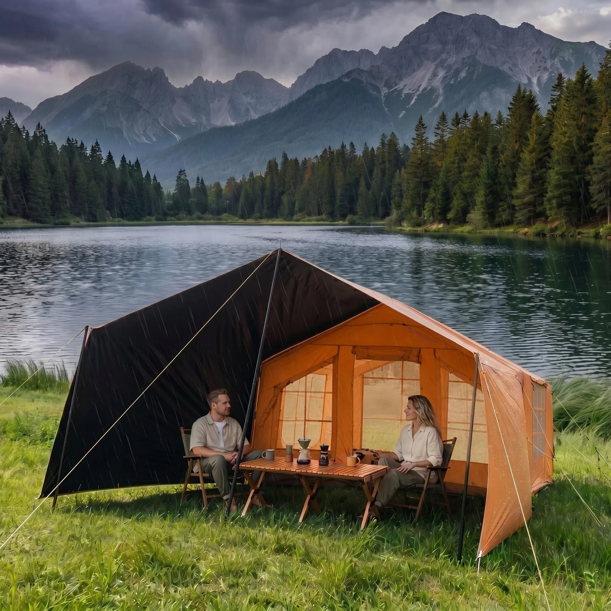 Pripučiamas kempingo ir glampingo palapinių namelis 5-7 asmenims su dideliu priebučiu Oxford 420D