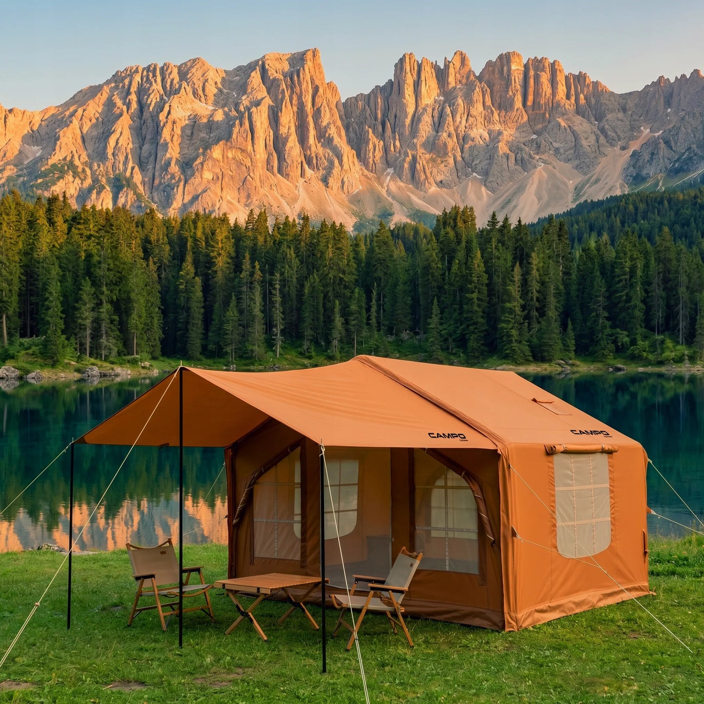 Pripučiamas kempingo ir glampingo palapinių namelis 5-7 asmenims su dideliu priebučiu Oxford 420D