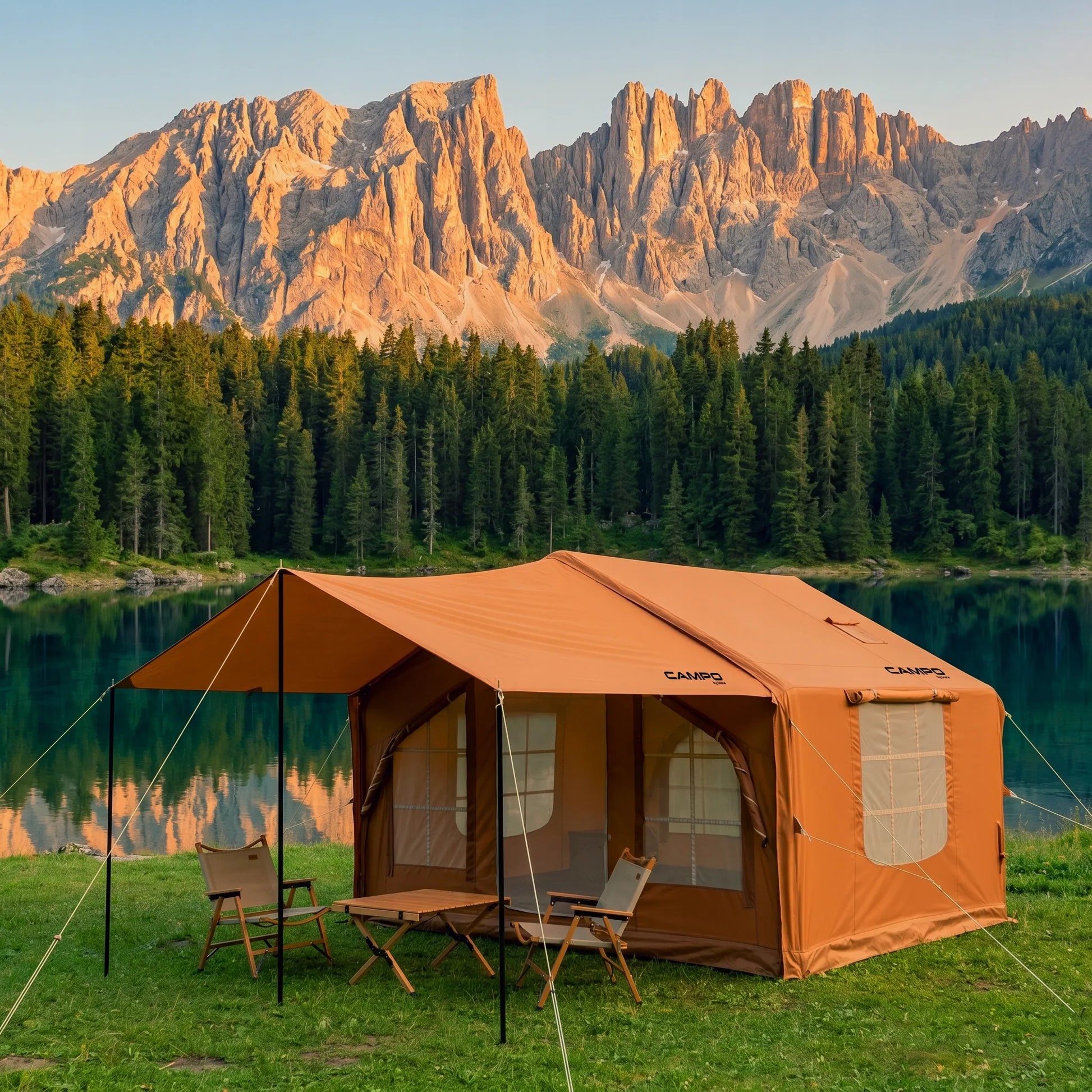 Pripučiamas kempingo ir glampingo palapinių namelis 5-7 asmenims su dideliu priebučiu Oxford 420D