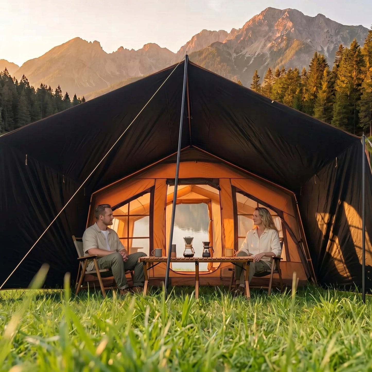Pripučiamas kempingo ir glampingo palapinių namelis 5-7 asmenims su dideliu priebučiu Oxford 420D