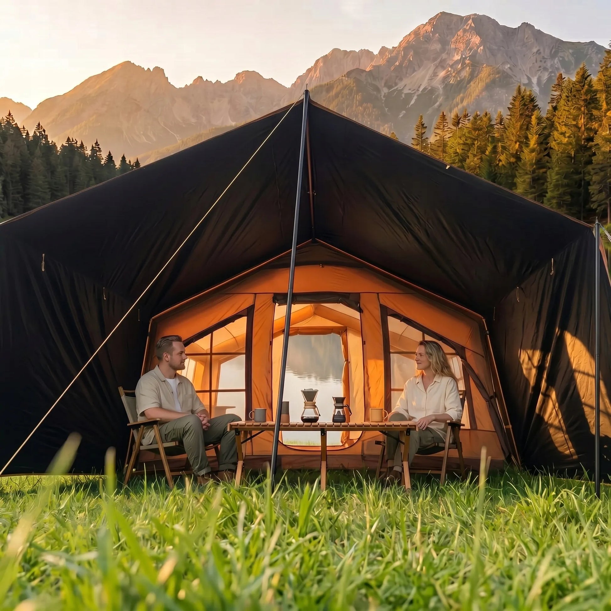 Pripučiamas kempingo ir glampingo palapinių namelis 5-7 asmenims su dideliu priebučiu Oxford 420D