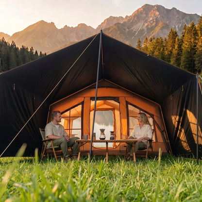Pripučiamas kempingo ir glampingo palapinių namelis 5-7 asmenims su dideliu priebučiu Oxford 420D