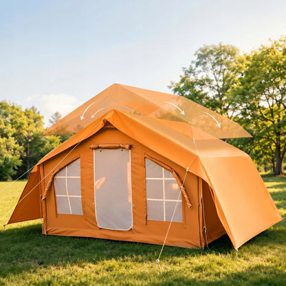 Pripučiamas kempingo ir glampingo palapinių namelis 5-7 asmenims su dideliu priebučiu Oxford 420D