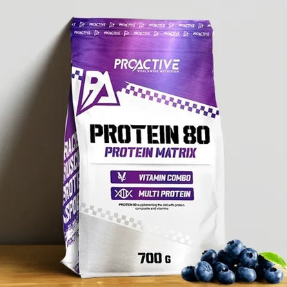 „ProActive Protein 80“ išrūgų baltymų mišinys su vitaminais, mėlynių skonio, 700 g