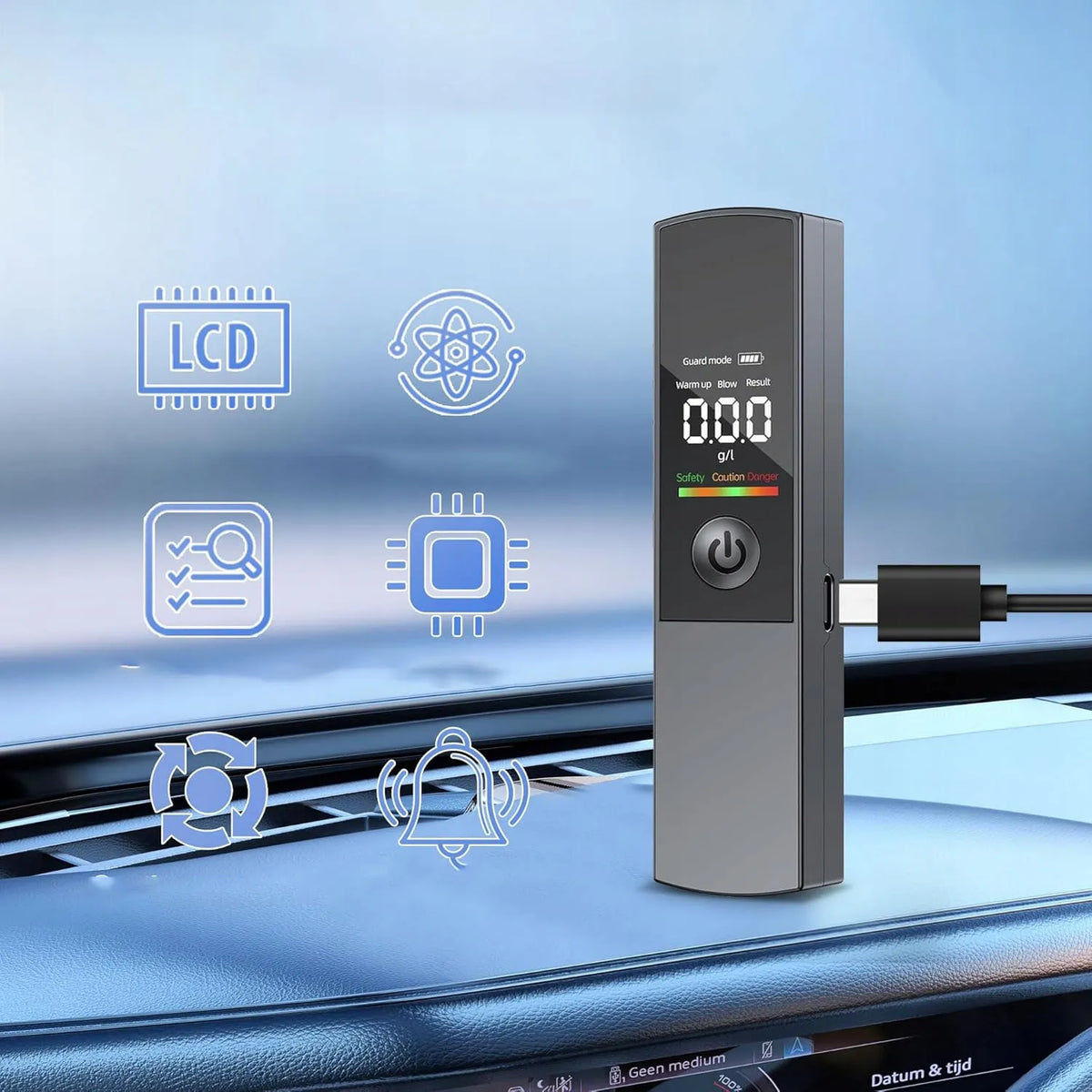 Profesionalus policinis alkotesteris su kandikliais, USB-C įkrovimu ir akumuliatoriumi