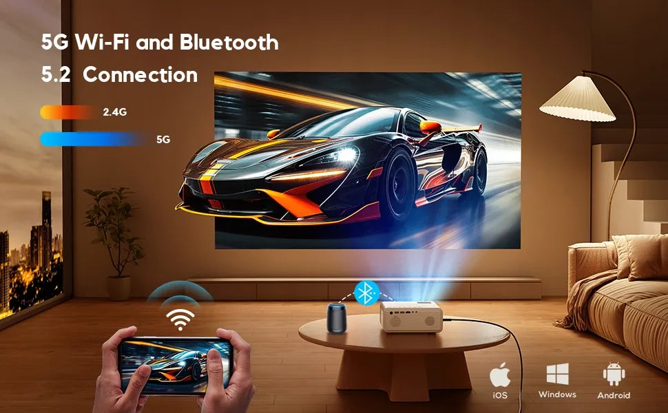 Projektorius AKIYO O7, 4K, Bluetooth 5.2, 5G Wi-Fi, HDMI, 16 000 lm, su stovu