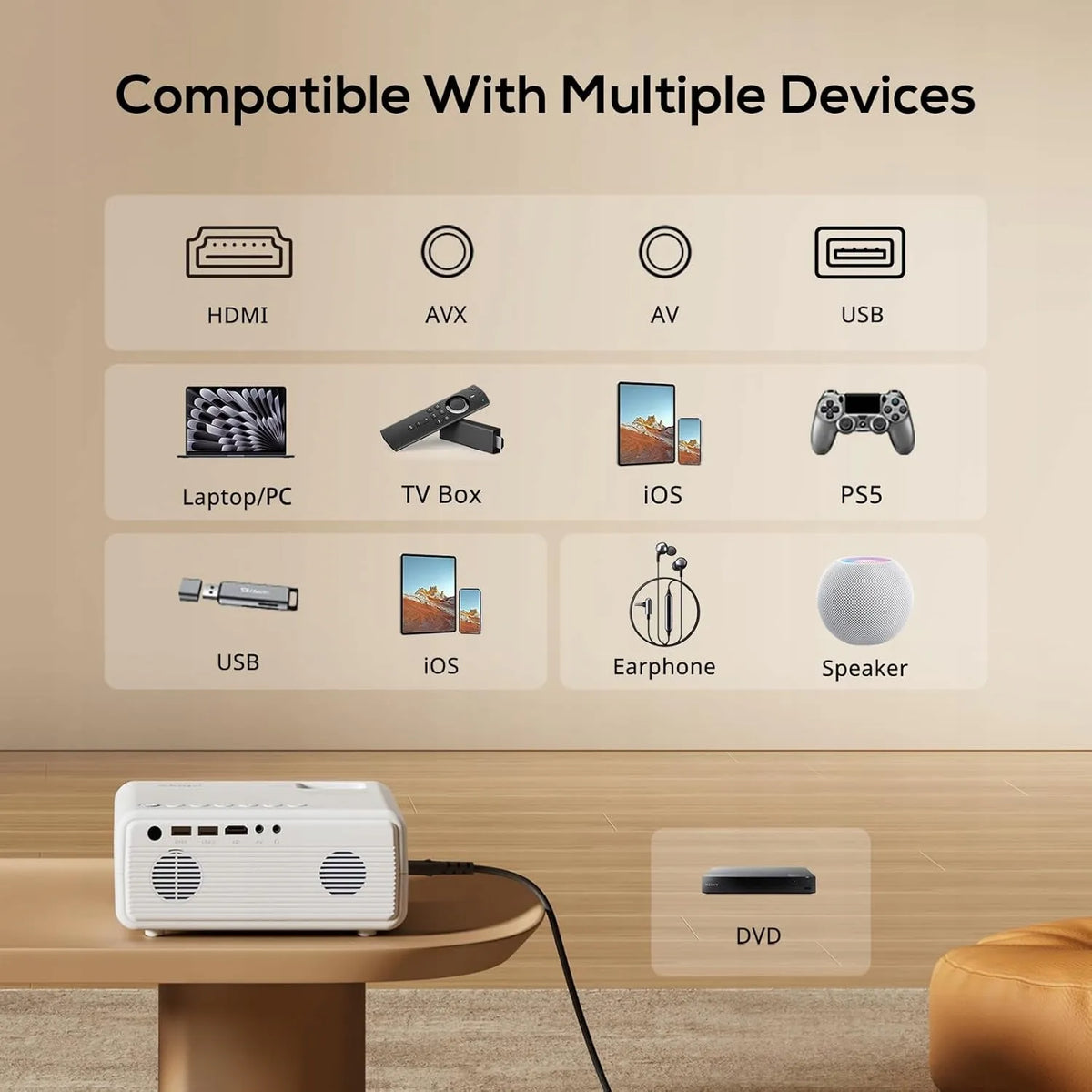 Projektorius AKIYO O7, 4K, Bluetooth 5.2, 5G Wi-Fi, HDMI, 16 000 lm, su stovu