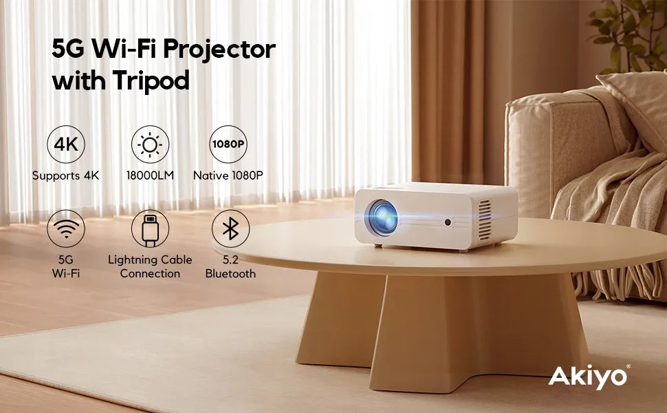 Projektorius AKIYO O7, 4K, Bluetooth 5.2, 5G Wi-Fi, HDMI, 16 000 lm, su stovu