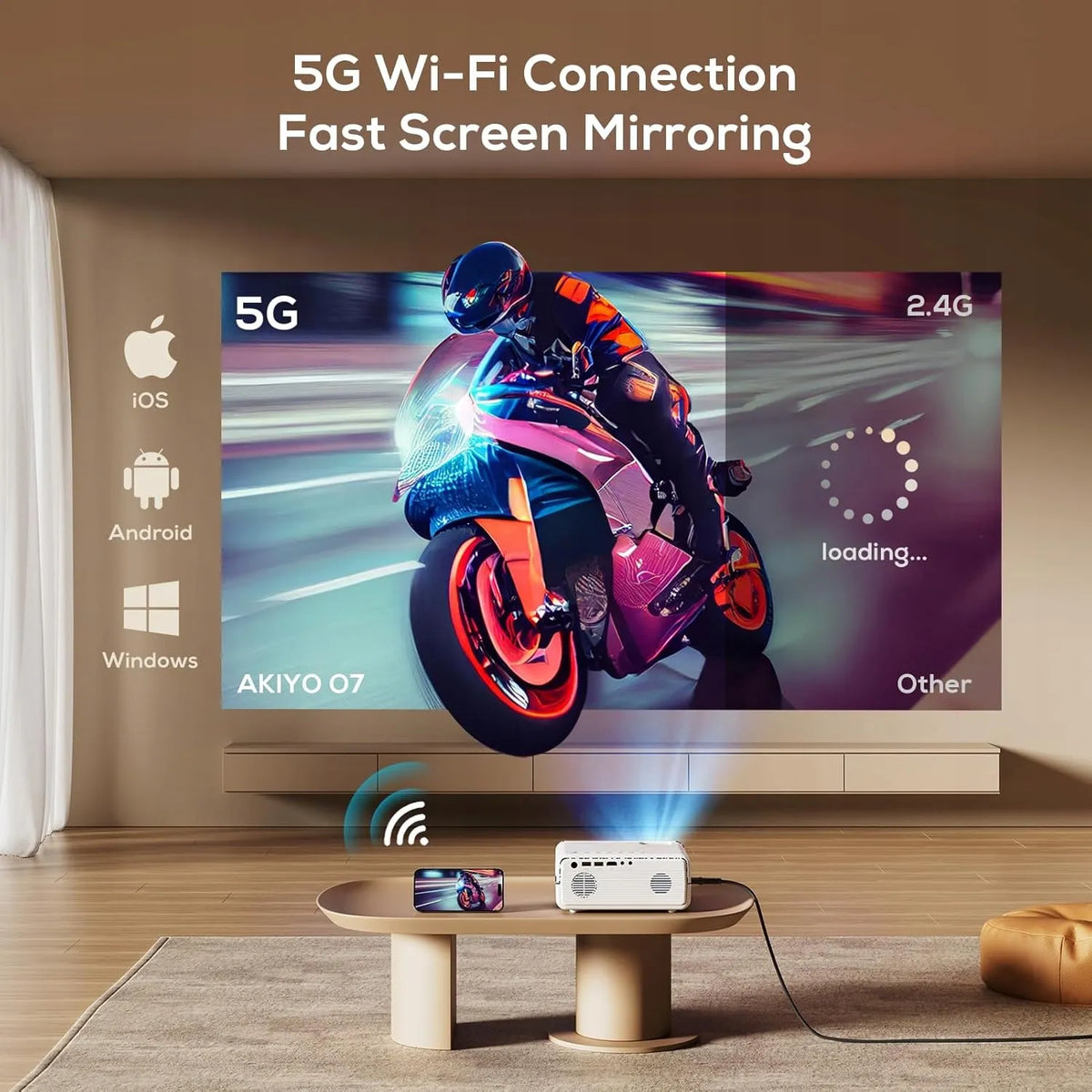 Projektorius AKIYO O7, 4K, Bluetooth 5.2, 5G Wi-Fi, HDMI, 16 000 lm, su stovu
