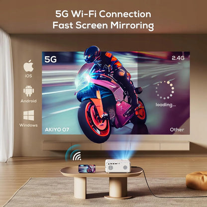 Projektorius AKIYO O7, 4K, Bluetooth 5.2, 5G Wi-Fi, HDMI, 16 000 lm, su stovu