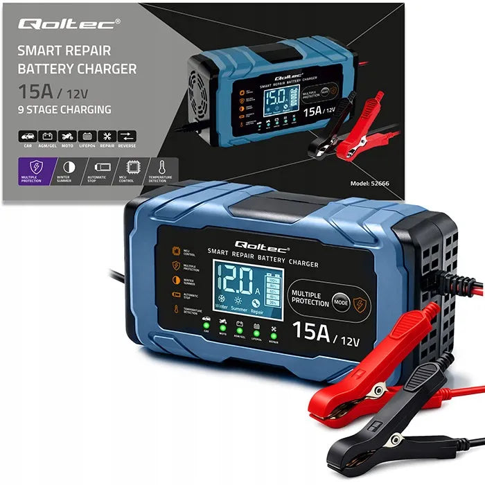 Qoltec 12V 15A įkroviklis AGM GEL LiFePO4 LCD su „Repair“ funkcija, 9 pakopų