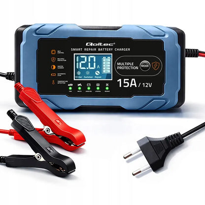 Qoltec 12V 15A įkroviklis AGM GEL LiFePO4 LCD su „Repair“ funkcija, 9 pakopų