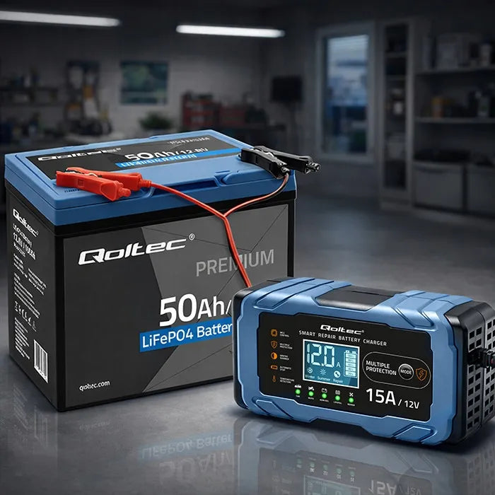Qoltec 12V 15A įkroviklis AGM GEL LiFePO4 LCD su „Repair“ funkcija, 9 pakopų