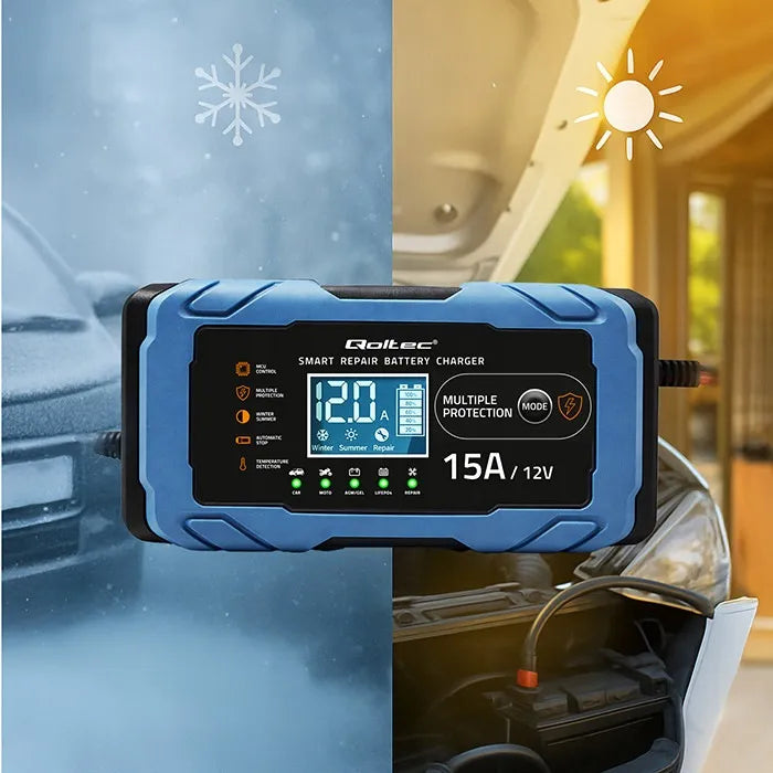 Qoltec 12V 15A įkroviklis AGM GEL LiFePO4 LCD su „Repair“ funkcija, 9 pakopų