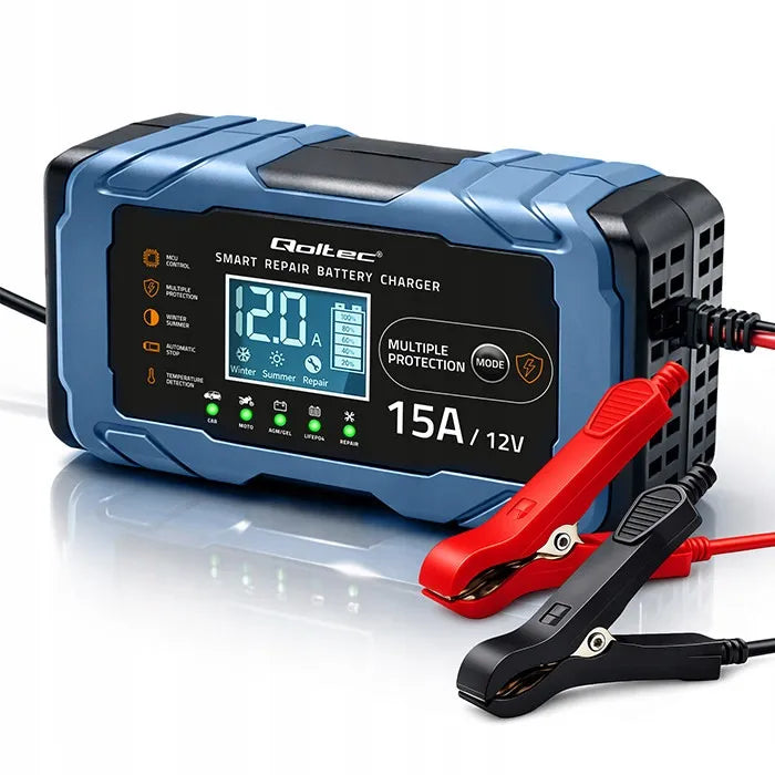 Qoltec 12V 15A įkroviklis AGM GEL LiFePO4 LCD su „Repair“ funkcija, 9 pakopų
