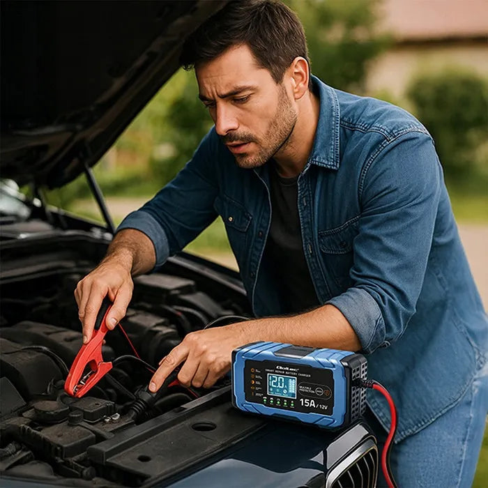 Qoltec 12V 15A įkroviklis AGM GEL LiFePO4 LCD su „Repair“ funkcija, 9 pakopų