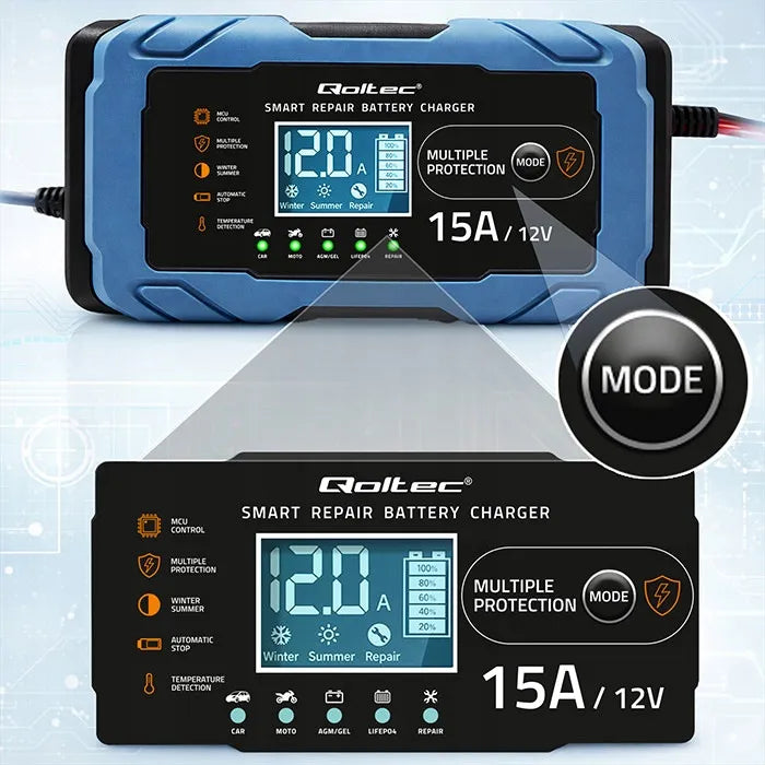 Qoltec 12V 15A įkroviklis AGM GEL LiFePO4 LCD su „Repair“ funkcija, 9 pakopų