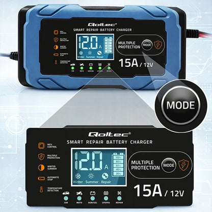 Qoltec 12V 15A įkroviklis AGM GEL LiFePO4 LCD su „Repair“ funkcija, 9 pakopų