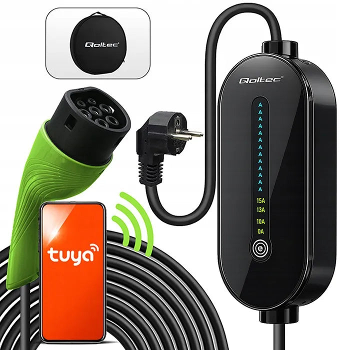 Qoltec mobilus EV įkroviklis, Type 2, 3.5 kW, 230 V, WiFi TUYA, 5 m, 2in1 su galios reguliavimu