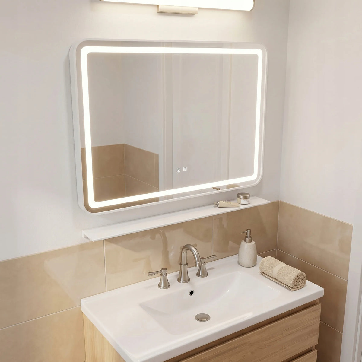 REA L-8060 sieninis LED veidrodis su lentynėle, 80 × 60 cm, nuo rasojimo, su rėmeliu