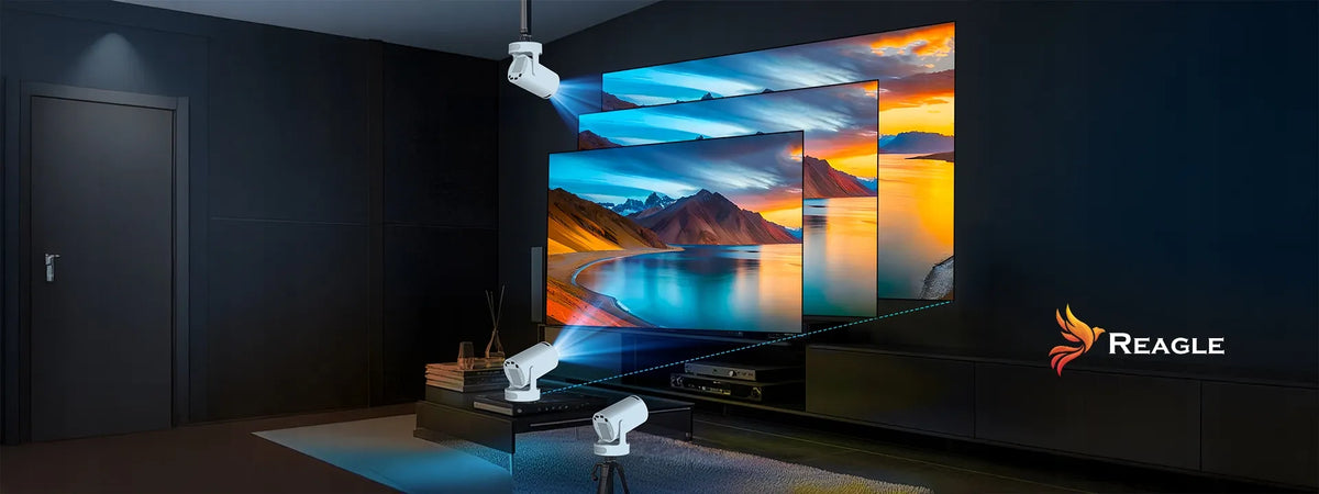 „Reagle“ nešiojamasis LED mini projektorius su „Android 14“, „Wi-Fi“ ir „Smart TV“, 2026 m. modelis, 1280 × 720
