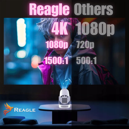 „Reagle“ nešiojamasis LED mini projektorius su „Android 14“, „Wi-Fi“ ir „Smart TV“, 2026 m. modelis, 1280 × 720