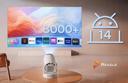 „Reagle“ nešiojamasis LED mini projektorius su „Android 14“, „Wi-Fi“ ir „Smart TV“, 2026 m. modelis, 1280 × 720