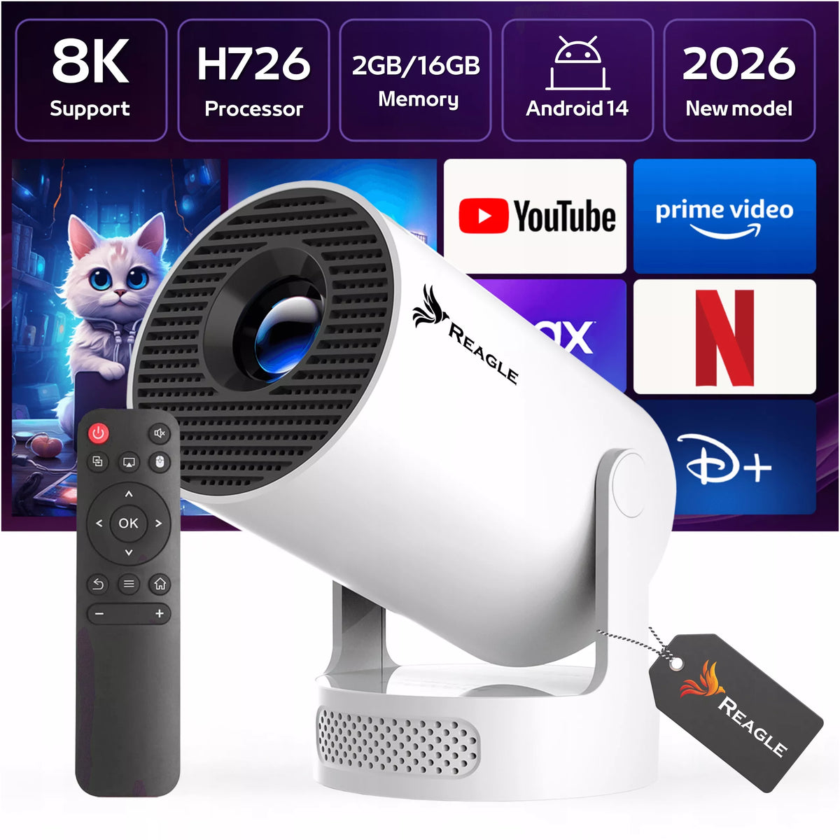 „Reagle“ nešiojamasis LED mini projektorius su „Android 14“, „Wi-Fi“ ir „Smart TV“, 2026 m. modelis, 1280 × 720