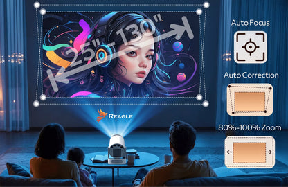 „Reagle“ nešiojamasis LED mini projektorius su „Android 14“, „Wi-Fi“ ir „Smart TV“, 2026 m. modelis, 1280 × 720