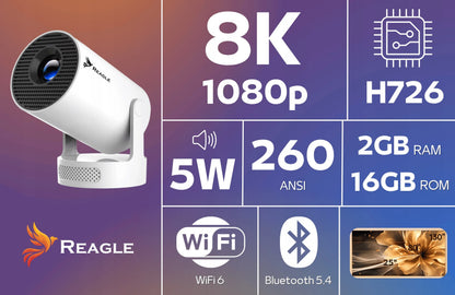 „Reagle“ nešiojamasis LED mini projektorius su „Android 14“, „Wi-Fi“ ir „Smart TV“, 2026 m. modelis, 1280 × 720